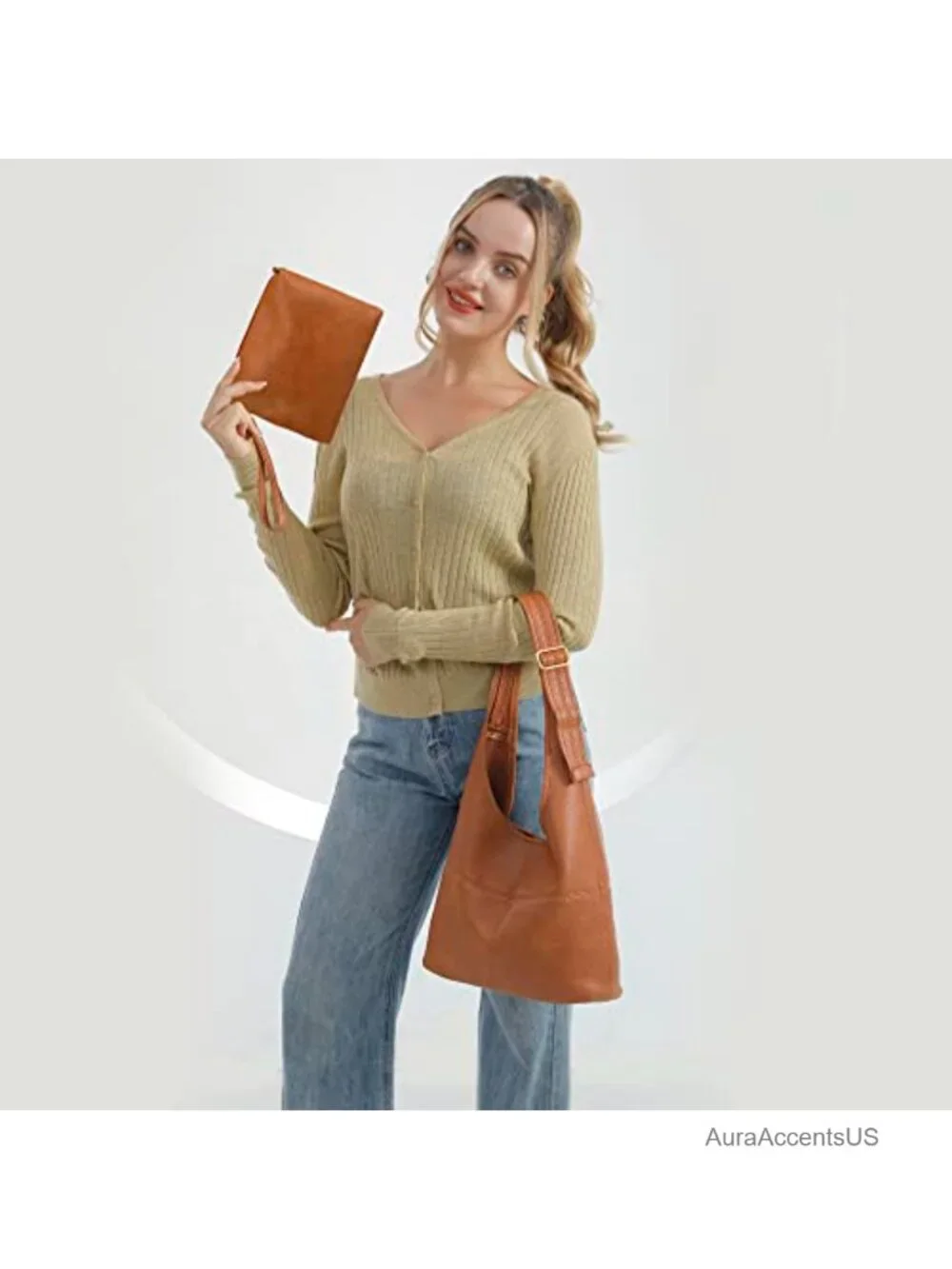 Hobo Purse for Women, Vegan Leather Shoulder Bag with Wristlet